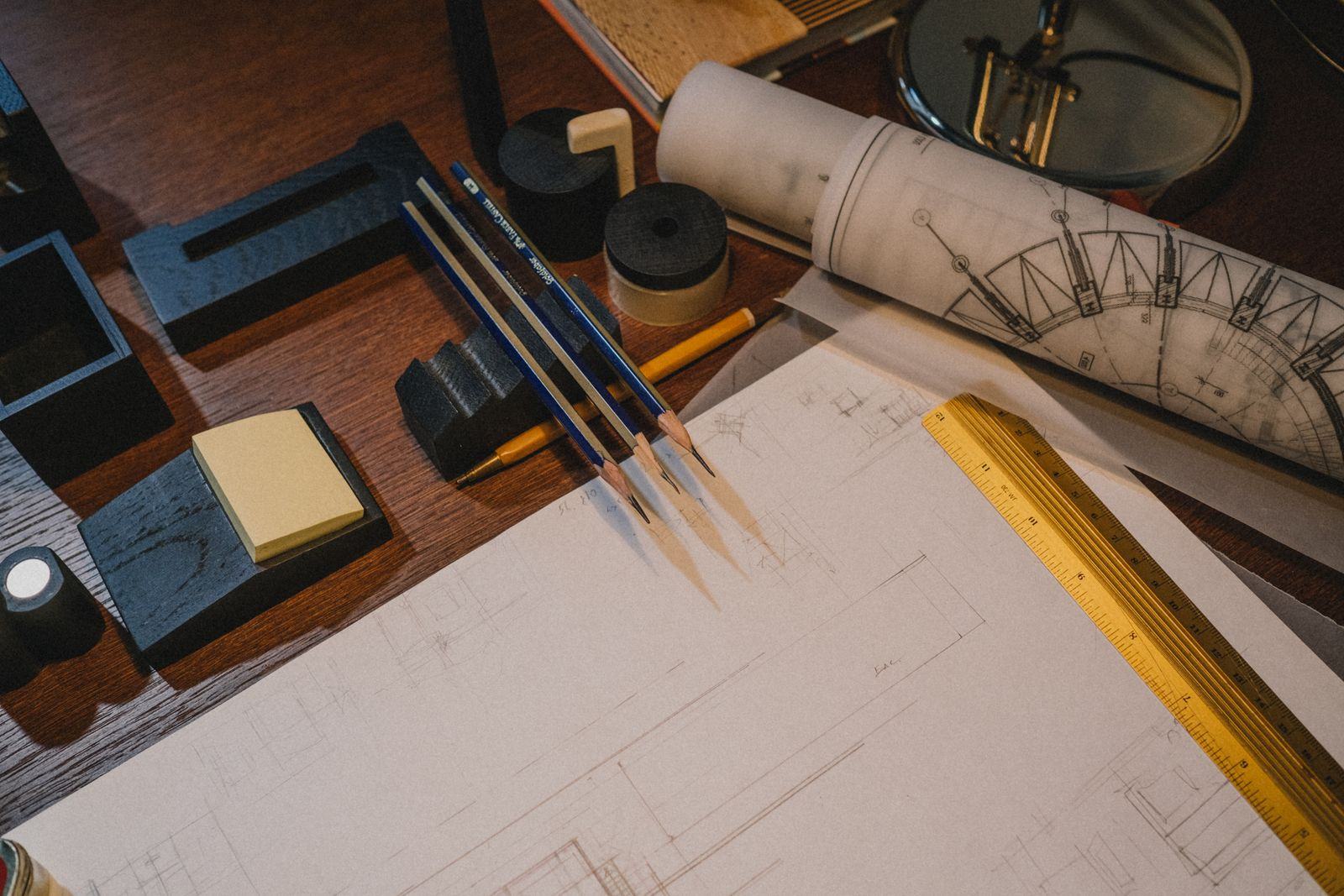 Drawings on a drafting desk